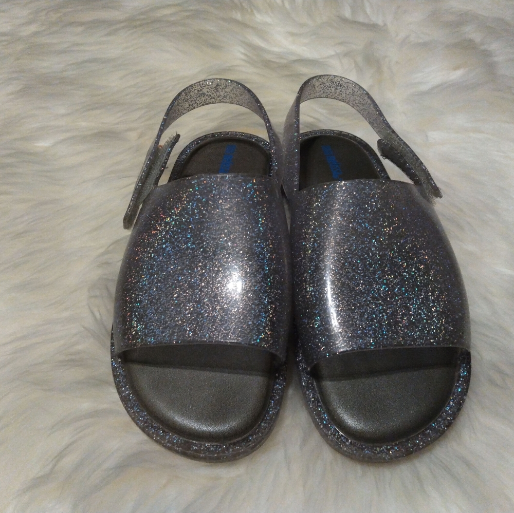 MINI MELISSA Silver Sparkle Slide Sandals With Strap 12
